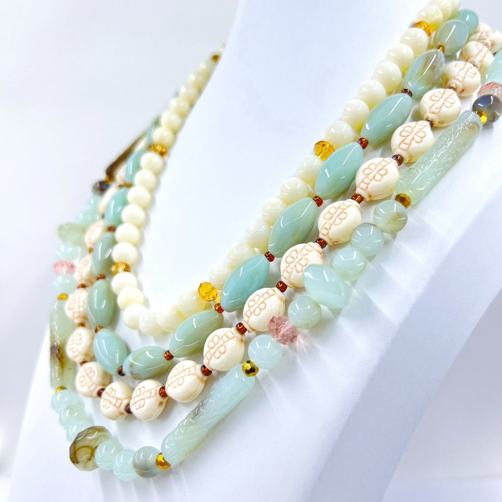 NWOT - Multi Strand Cream & Green Faux Jade 14” Choker Gold Tone Necklace - Picture 3 of 6